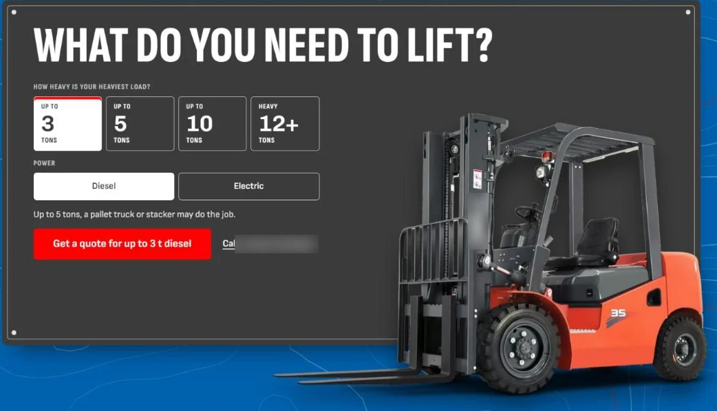 Landing page hero: What do you need to lift? A load picker for up to 3, 5, 10 or 12+ tons, diesel or electric, a red quote button and a forklift photo; brand marks blurred
