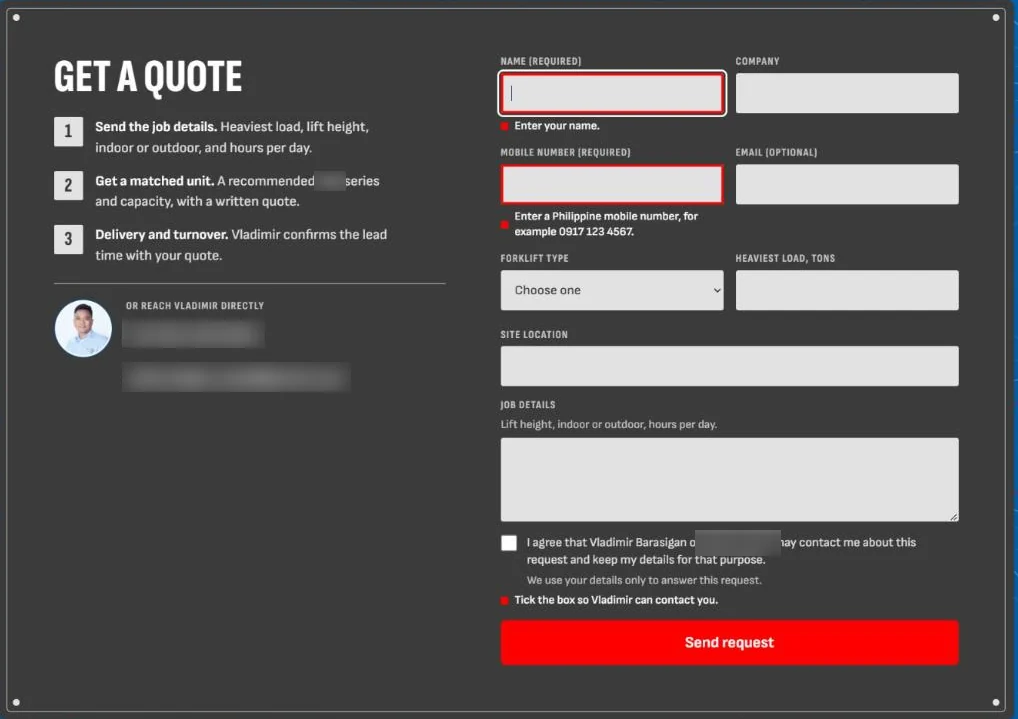 Landing page quote form with three steps on the left and fields on the right; the empty name and mobile fields show red error messages; brand name and contact details blurred
