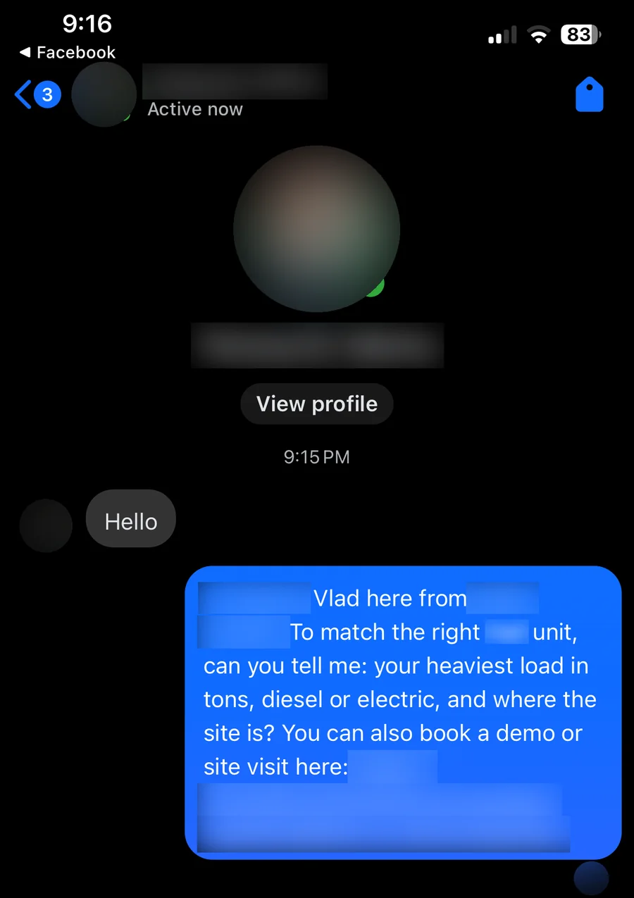 Facebook Messenger on a phone: the buyer says Hello and the page replies within a minute asking for the heaviest load, diesel or electric and the site location, with a booking link; names and link blurred