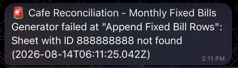 Telegram alert from the cafe bot on 14 August 2026: Cafe Reconciliation, Monthly Fixed Bills Generator failed at Append Fixed Bill Rows: Sheet with ID 888888888 not found, with the exact time