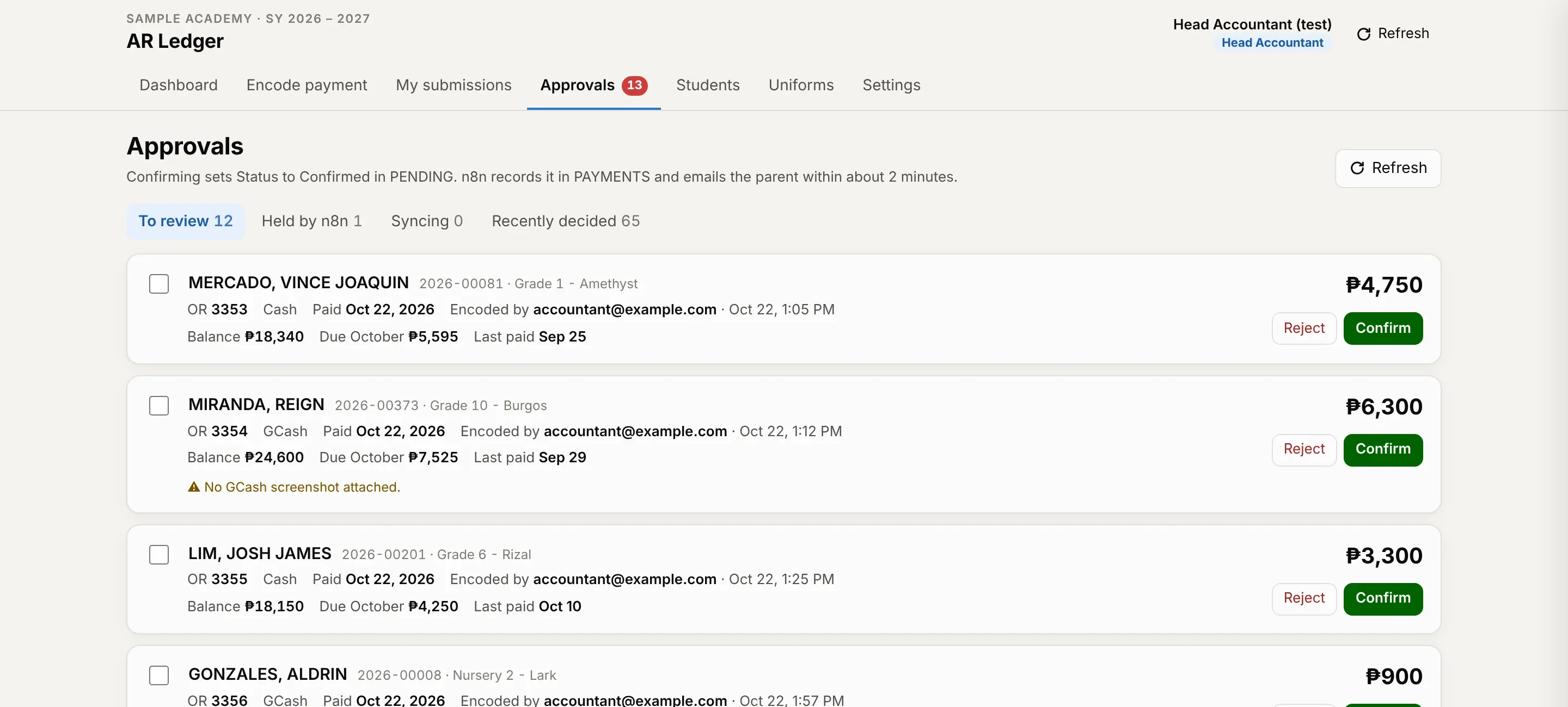 Approvals screen of the AR Ledger web app on a demo school: pending payments with OR number, method, amount and balance, each with Reject and Confirm buttons; one GCash payment is flagged because no screenshot is attached