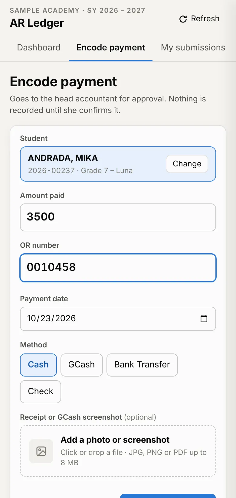 Encode payment form on a phone: student, amount, OR number, payment date, method and receipt upload