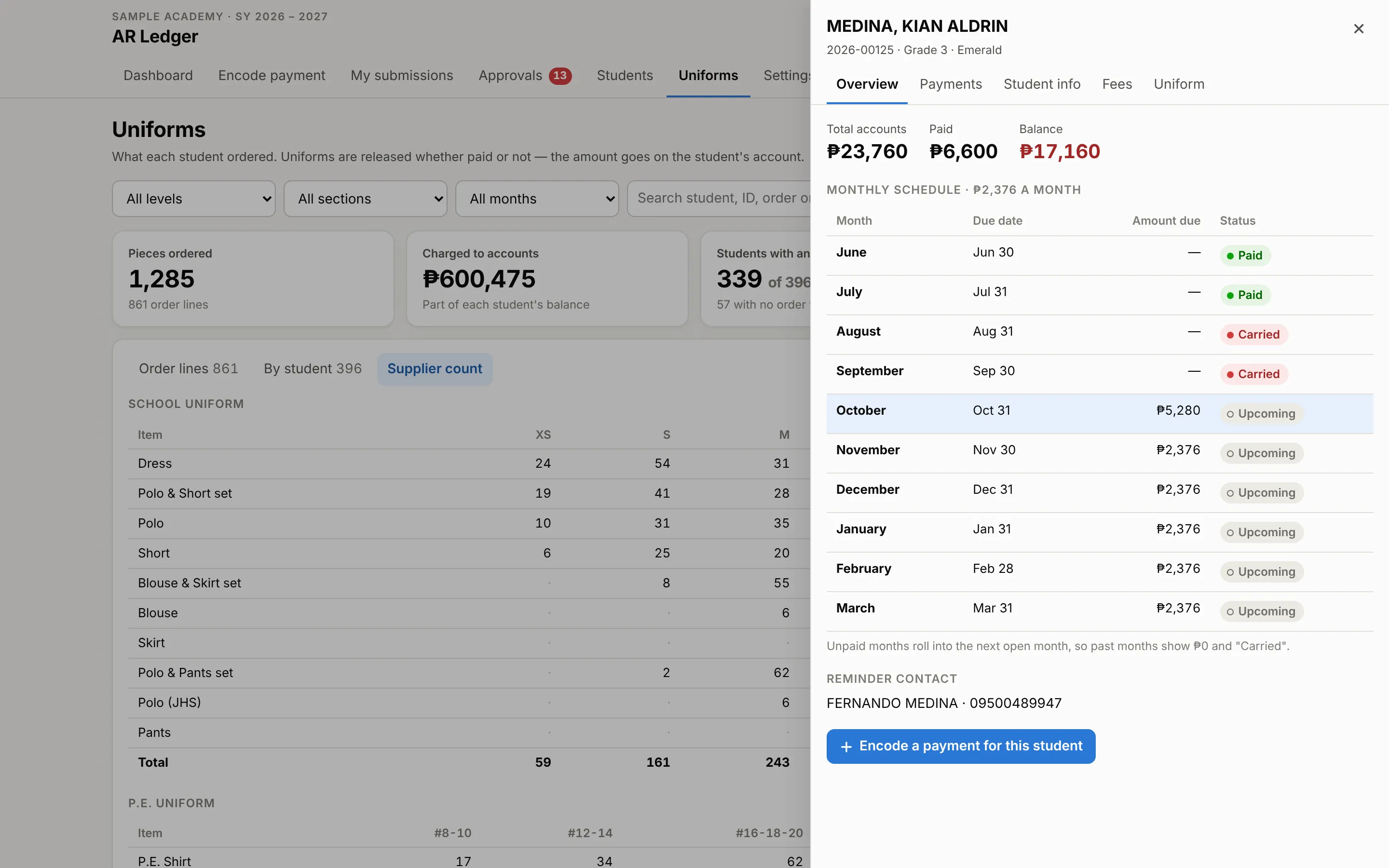 Student record panel showing total accounts, paid and balance, and a ten-month schedule with paid, carried and upcoming months