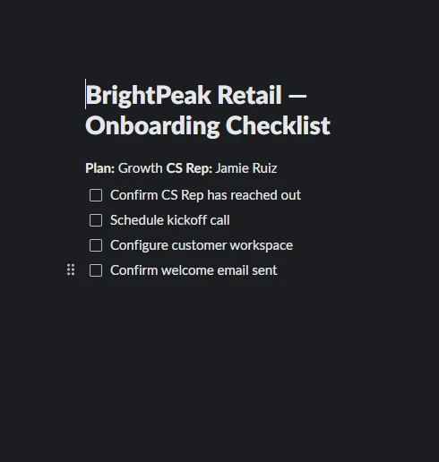 Slack canvas checklist with rep