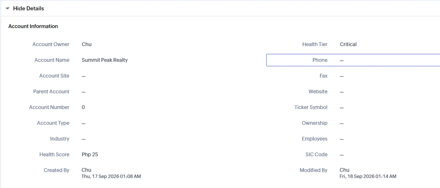Zoho account record