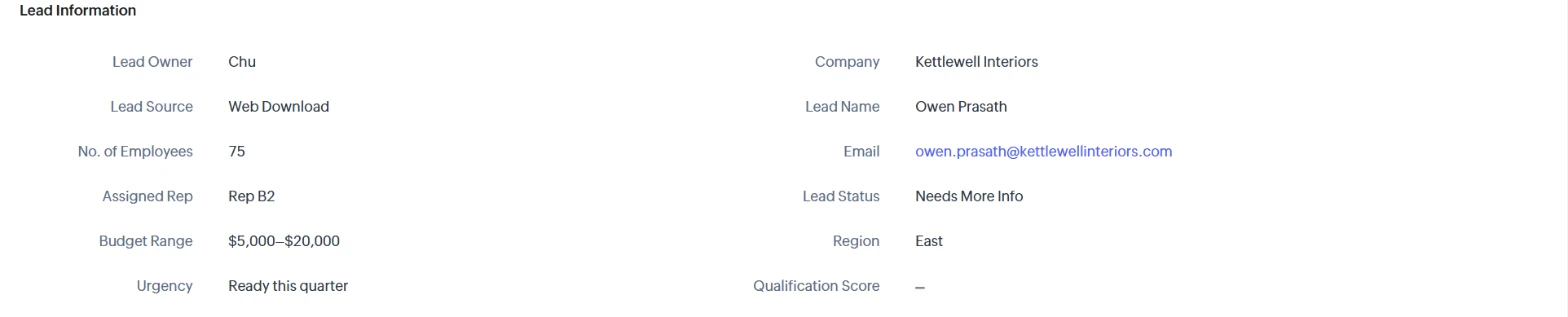 Zoho CRM lead record with Assigned Rep set